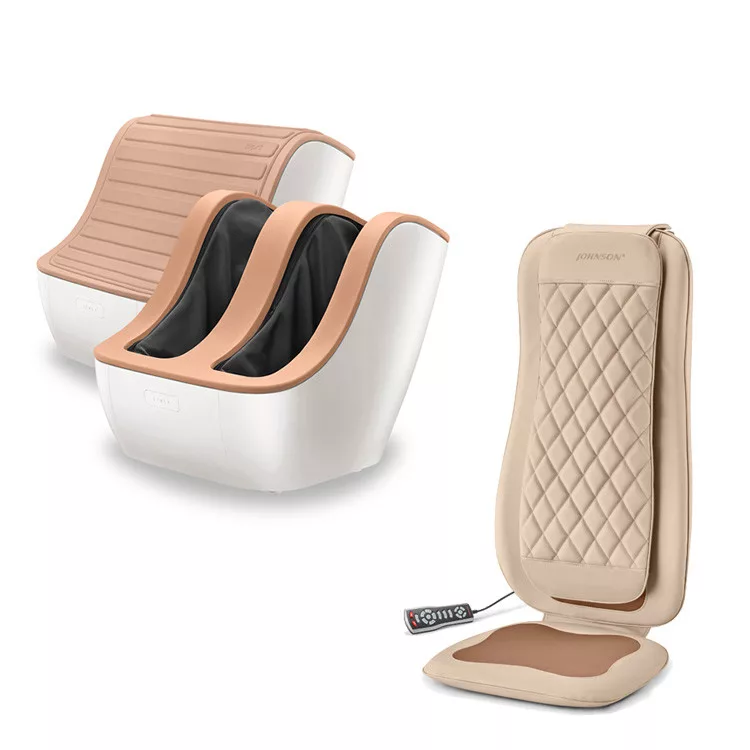 【迎春獻禮組】喬山FM210新世代秀腿機 + 肩頸多感舒摩背墊RT2165 腳機(玫瑰金)+按摩背墊(米色)