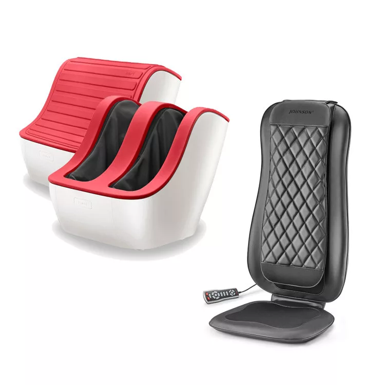 【迎春獻禮組】喬山FM210新世代秀腿機 + 肩頸多感舒摩背墊RT2165 腳機(紅色)+按摩背墊(曜石黑)